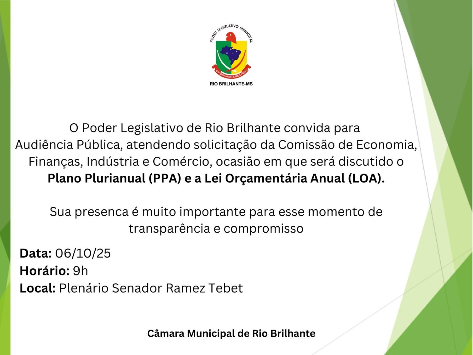 Audi&ecirc;ncia p&uacute;blica vai debater  o PPA 2026&ndash;2029 e a LOA 2026